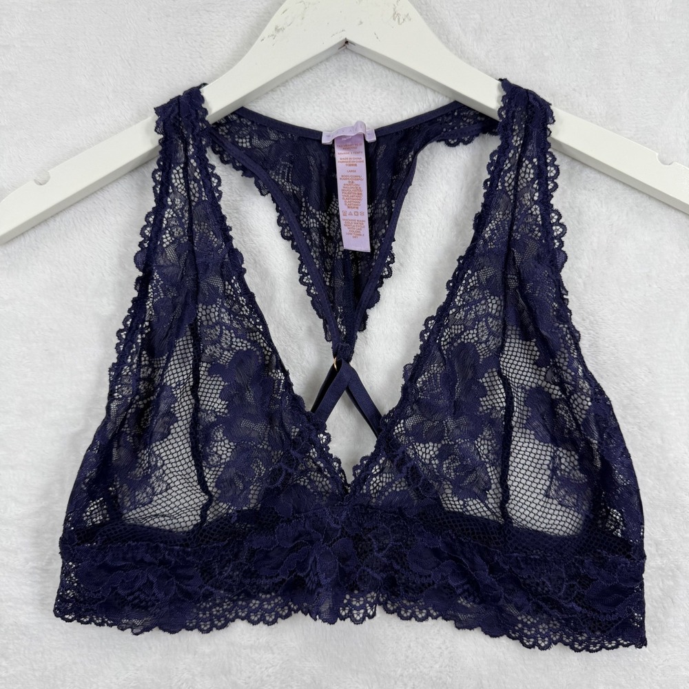 Savage X Fenty Womens Large Dark Purple‎ Floral Lace Racerback Bralette 6665